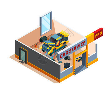 修理商店停车场机械技工更换备件工具图